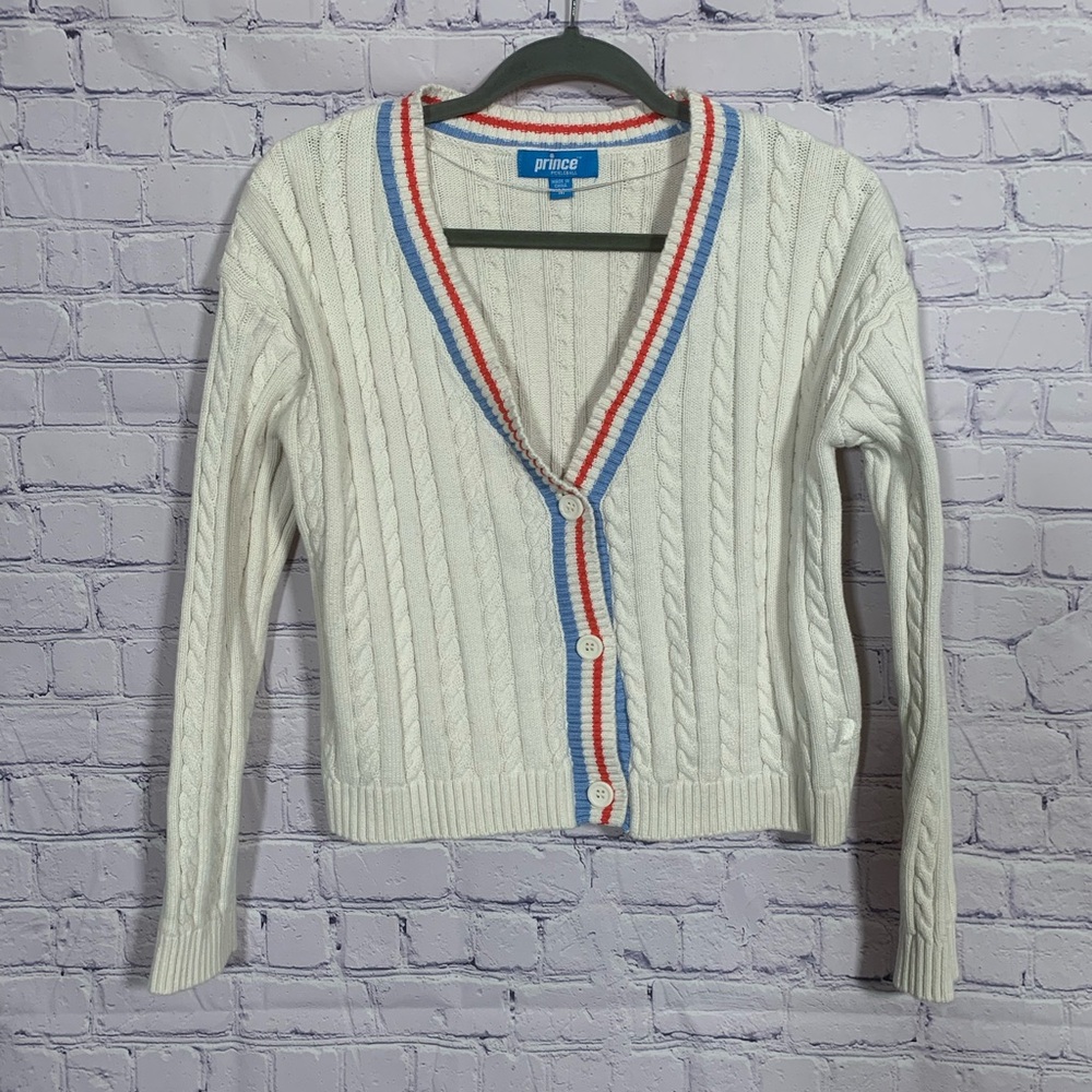 Prince Pickleball Womens Cable Knit Cardigan Cream M Preppy Academia Tennis Prep
